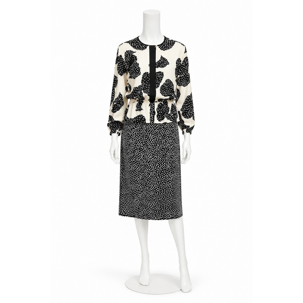 Louis Feraud Vintage Silk Dress US 12 Black Ivory Polka Dot Bow Print W Germany